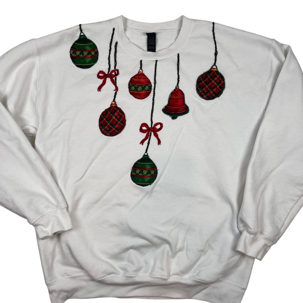 Christmas Ornament Sweatshirt Large Holiday Festive Handmade White Green Red